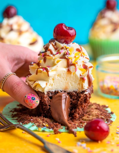 Ice Cream Sundae Cupcakes topped with a Picota Cherry